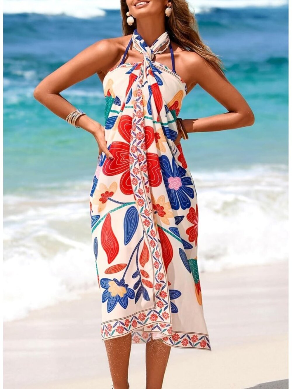 Women's Multicolor Swimsuit High Slit Summer Floral Print Chiffon Wrap Beach - Picture 5 of 6